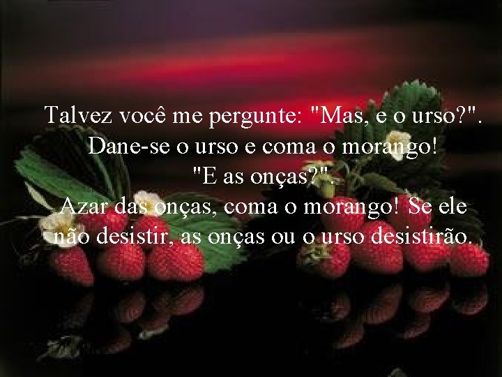 Talvez você me pergunte: "Mas, e o urso? ". Dane-se o urso e coma