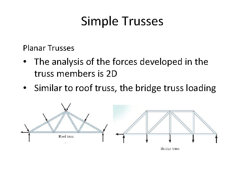 Simple Trusses Planar Trusses • The analysis of the forces developed in the truss
