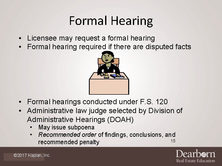 Formal Hearing • Licensee may request a formal hearing • Formal hearing required if