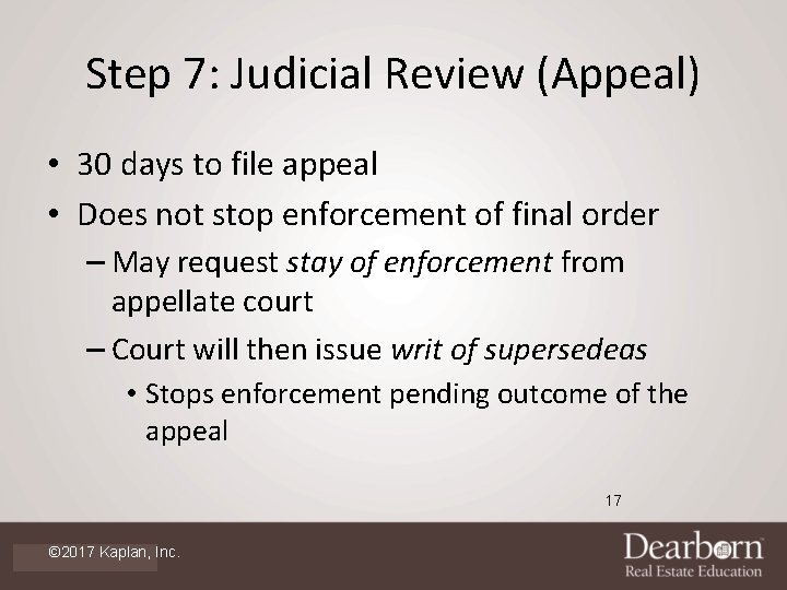 Step 7: Judicial Review (Appeal) • 30 days to file appeal • Does not