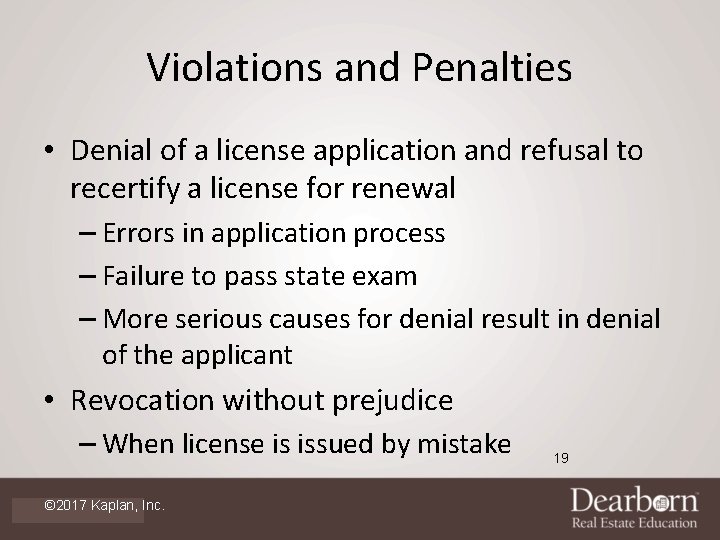Violations and Penalties • Denial of a license application and refusal to recertify a