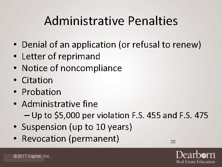 Administrative Penalties Denial of an application (or refusal to renew) Letter of reprimand Notice