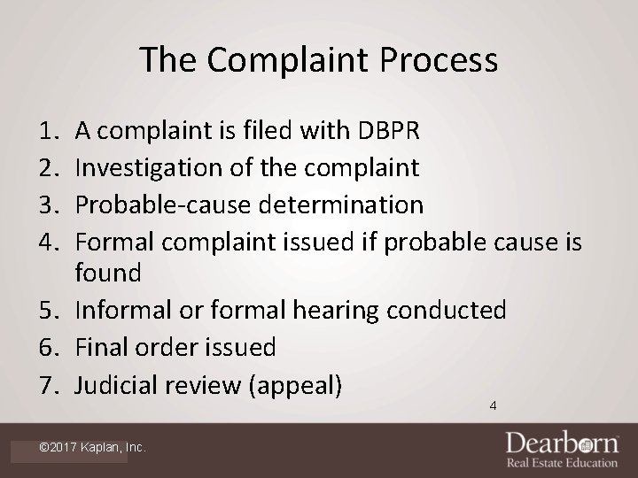 The Complaint Process 1. 2. 3. 4. A complaint is filed with DBPR Investigation