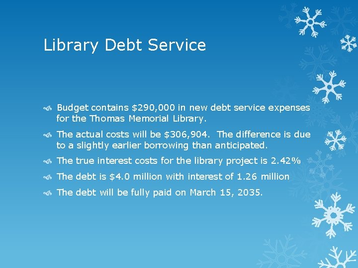 Library Debt Service Budget contains $290, 000 in new debt service expenses for the
