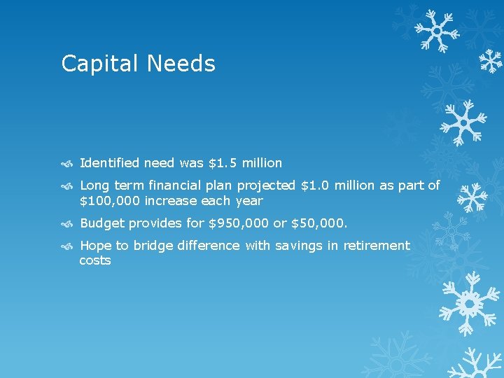 Capital Needs Identified need was $1. 5 million Long term financial plan projected $1.