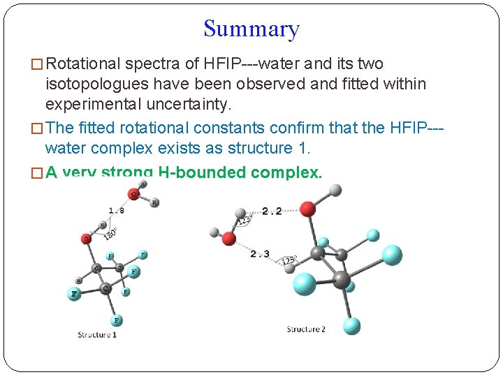 Summary � Rotational spectra of HFIP---water and its two isotopologues have been observed and