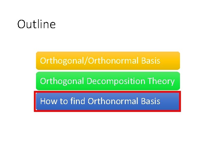 Outline Orthogonal/Orthonormal Basis Orthogonal Decomposition Theory How to find Orthonormal Basis 