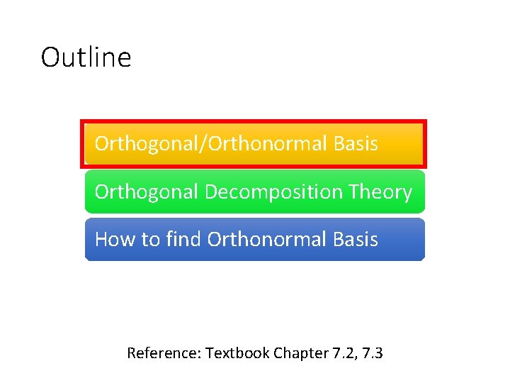 Outline Orthogonal/Orthonormal Basis Orthogonal Decomposition Theory How to find Orthonormal Basis Reference: Textbook Chapter