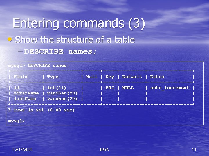 Entering commands (3) • Show the structure of a table – DESCRIBE names; mysql>