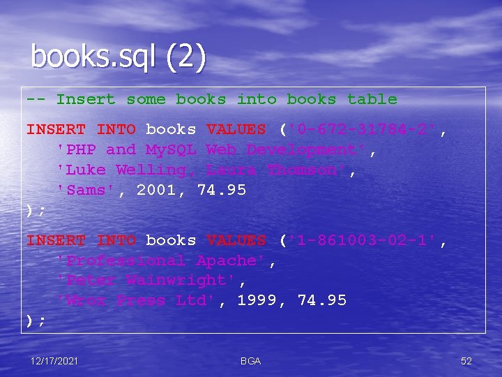 books. sql (2) -- Insert some books into books table INSERT INTO books VALUES