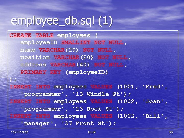 employee_db. sql (1) CREATE TABLE employees ( employee. ID SMALLINT NOT NULL, name VARCHAR(20)