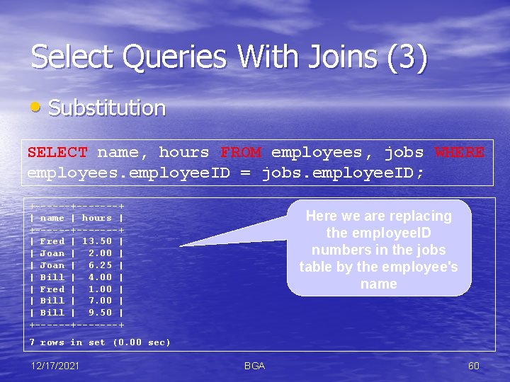Select Queries With Joins (3) • Substitution SELECT name, hours FROM employees, jobs WHERE