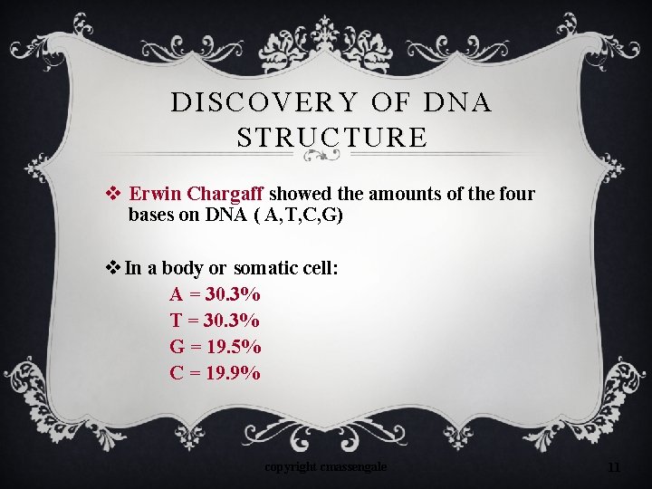 DISCOVERY OF DNA STRUCTURE v Erwin Chargaff showed the amounts of the four bases