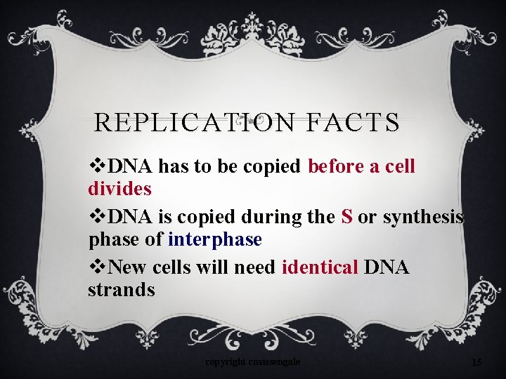 REPLICATION FACTS v. DNA has to be copied before a cell divides v. DNA