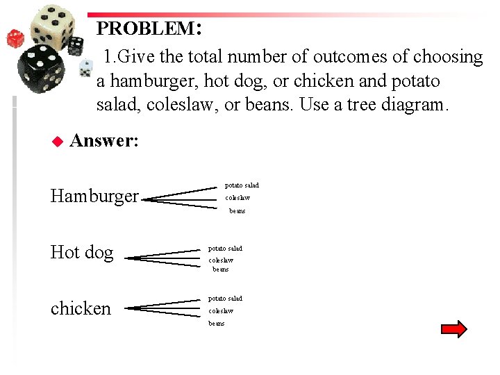 PROBLEM: 1. Give the total number of outcomes of choosing a hamburger, hot dog,