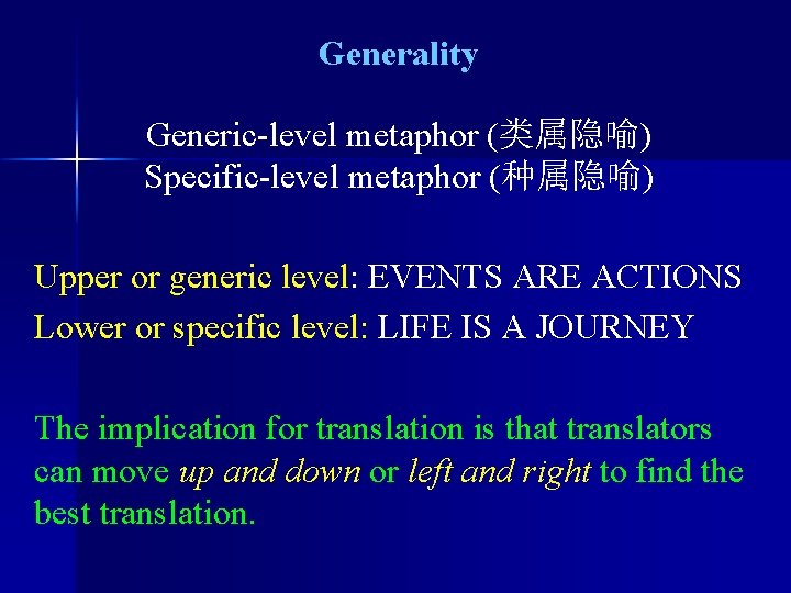 Generality Generic-level metaphor (类属隐喻) Specific-level metaphor (种属隐喻) Upper or generic level: EVENTS ARE ACTIONS