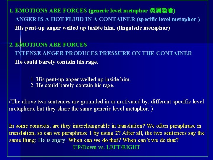 1. EMOTIONS ARE FORCES (generic level metaphor 类属隐喻) ANGER IS A HOT FLUID IN