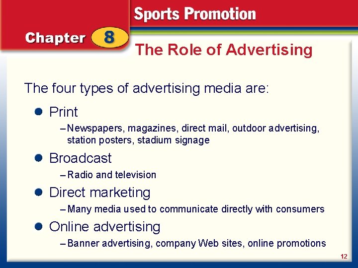 The Role of Advertising The four types of advertising media are: Print – Newspapers,