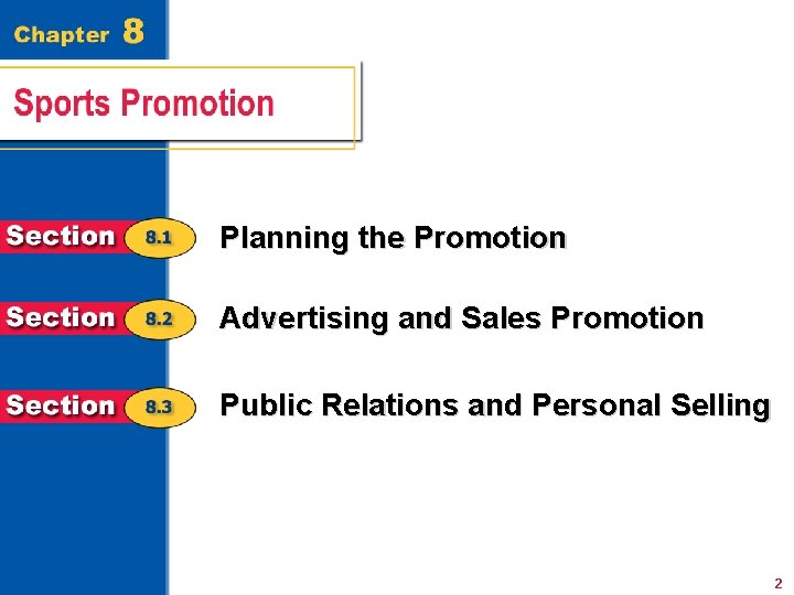 Planning the Promotion Advertising and Sales Promotion Public Relations and Personal Selling 2 