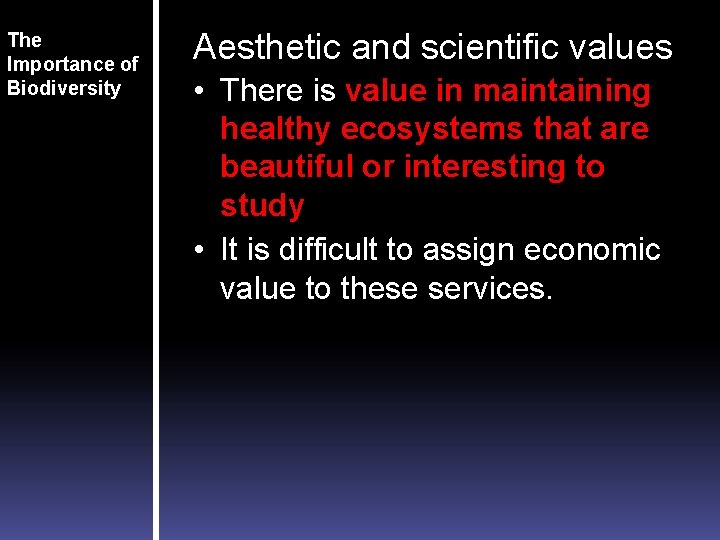 The Importance of Biodiversity Aesthetic and scientific values • There is value in maintaining
