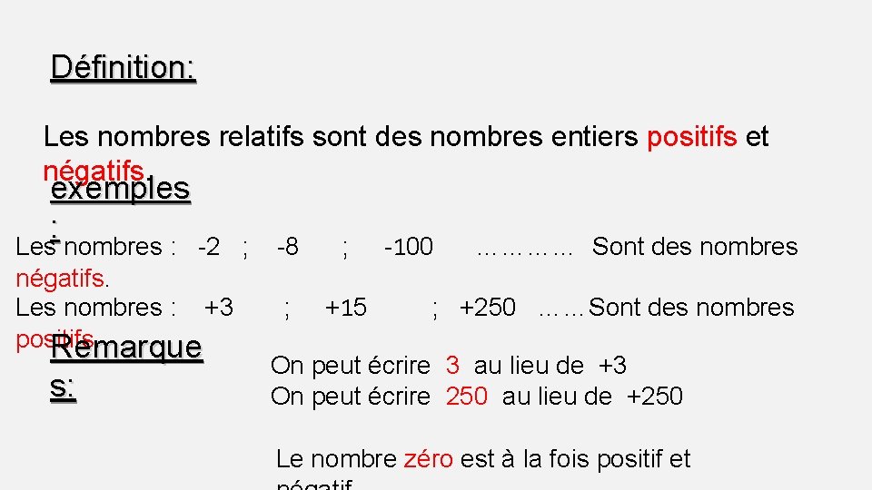 Définition: Les nombres relatifs sont des nombres entiers positifs et négatifs. exemples : Les