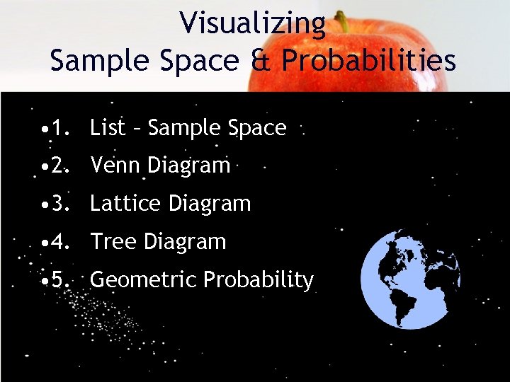 Visualizing Sample Space & Probabilities • 1. List – Sample Space • 2. Venn