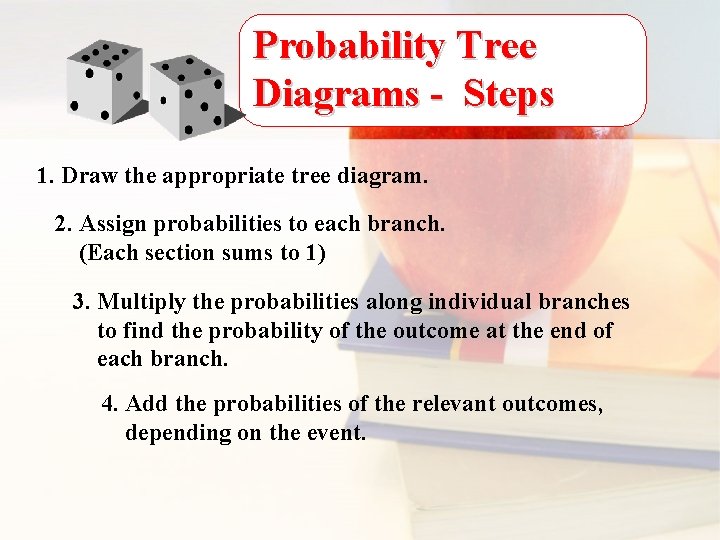 Probability Tree Diagrams - Steps 1. Draw the appropriate tree diagram. 2. Assign probabilities