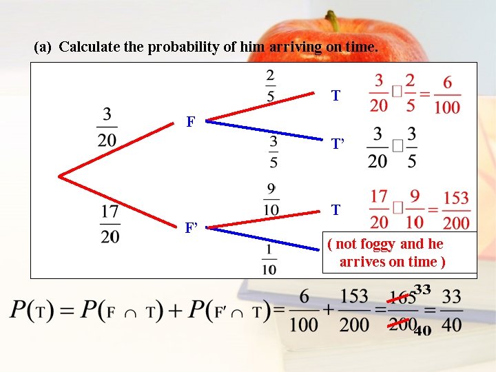 (a) Calculate the probability of him arriving on time. T F T’ T F’