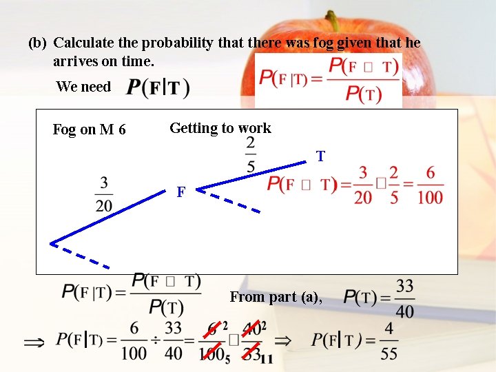 (b) Calculate the probability that there was fog given that he arrives on time.