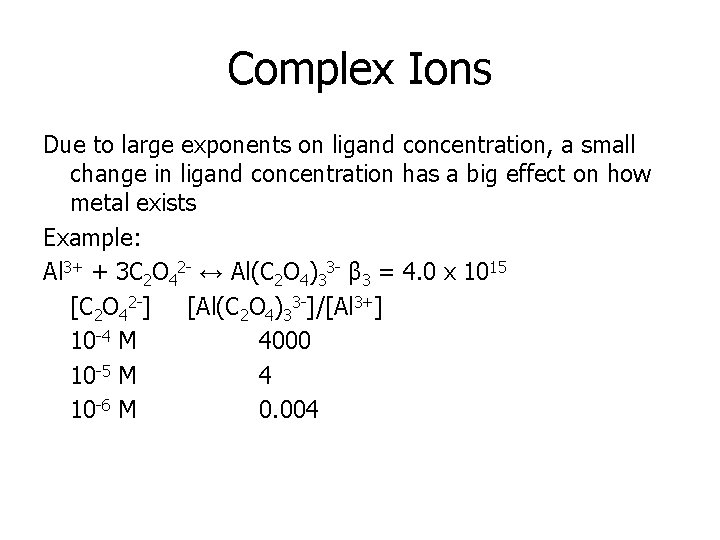 Complex Ions Due to large exponents on ligand concentration, a small change in ligand