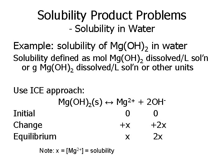 Solubility Product Problems - Solubility in Water Example: solubility of Mg(OH)2 in water Solubility