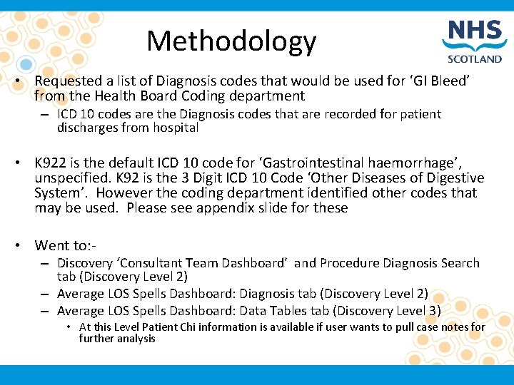 Methodology • Requested a list of Diagnosis codes that would be used for ‘GI