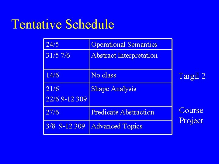 Tentative Schedule 24/5 Operational Semantics 31/5 7/6 Abstract Interpretation 14/6 No class Targil 2