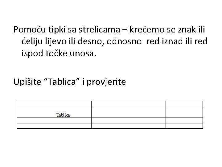 Pomoću tipki sa strelicama – krećemo se znak ili ćeliju lijevo ili desno, odnosno