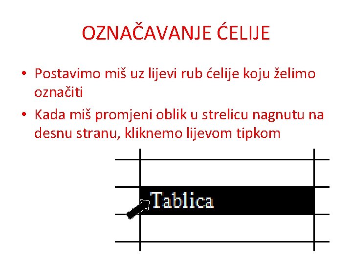 OZNAČAVANJE ĆELIJE • Postavimo miš uz lijevi rub ćelije koju želimo označiti • Kada