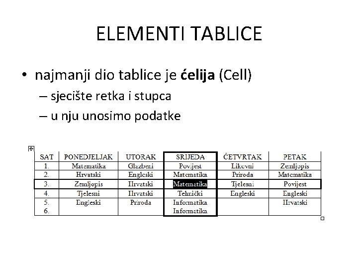 ELEMENTI TABLICE • najmanji dio tablice je ćelija (Cell) – sjecište retka i stupca