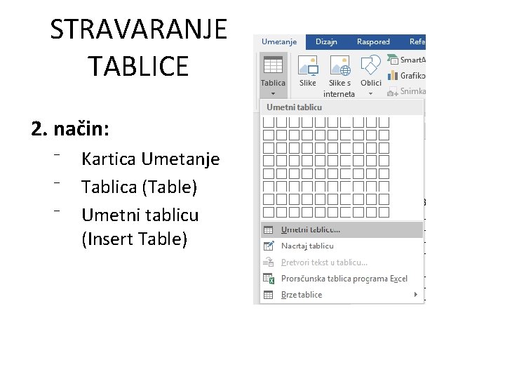 STRAVARANJE TABLICE 2. način: ⁻ ⁻ ⁻ Kartica Umetanje Tablica (Table) Umetni tablicu (Insert