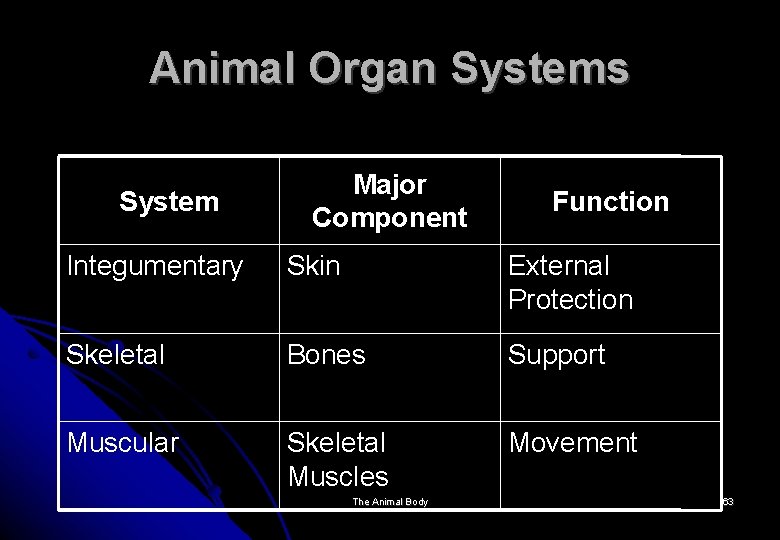Animal Organ Systems System Major Component Function Integumentary Skin External Protection Skeletal Bones Support