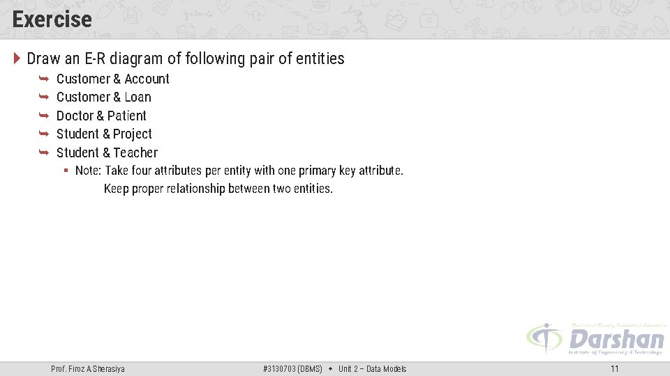 Exercise Draw an E-R diagram of following pair of entities Customer & Account Customer