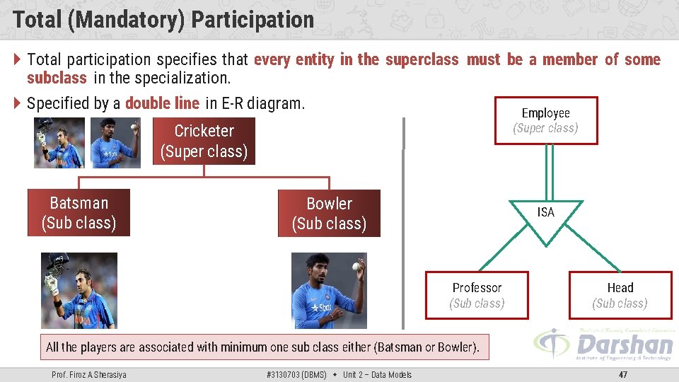 Total (Mandatory) Participation Total participation specifies that every entity in the superclass must be