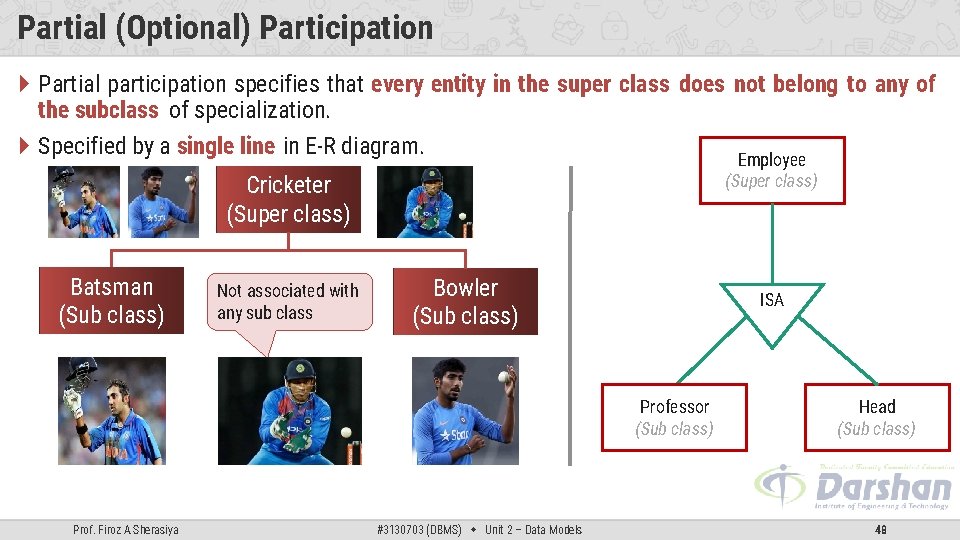 Partial (Optional) Participation Partial participation specifies that every entity in the super class does