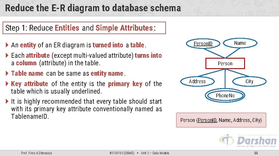 Reduce the E-R diagram to database schema Step 1: Reduce Entities and Simple Attributes