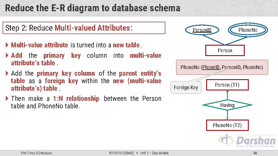 Reduce the E-R diagram to database schema Step 2: Reduce Multi-valued Attributes: Multi-value attribute