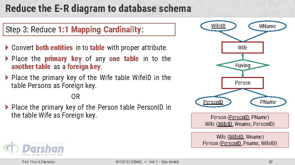 Reduce the E-R diagram to database schema Step 3: Reduce 1: 1 Mapping Cardinality: