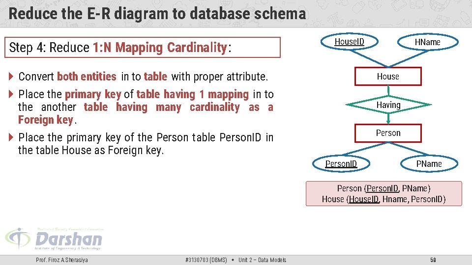 Reduce the E-R diagram to database schema Step 4: Reduce 1: N Mapping Cardinality: