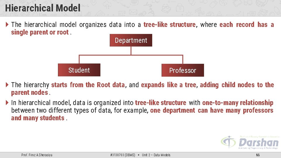 Hierarchical Model The hierarchical model organizes data into a tree-like structure, where each record