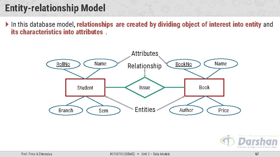 Entity-relationship Model In this database model, relationships are created by dividing object of interest