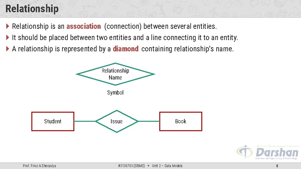 Relationship is an association (connection) between several entities. It should be placed between two