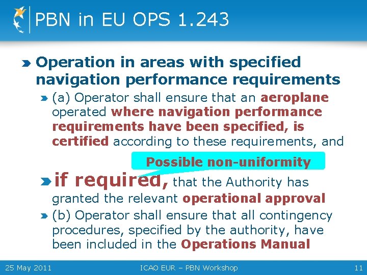 PBN in EU OPS 1. 243 Operation in areas with specified navigation performance requirements