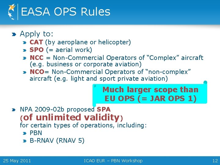 EASA OPS Rules Apply to: CAT (by aeroplane or helicopter) SPO (= aerial work)